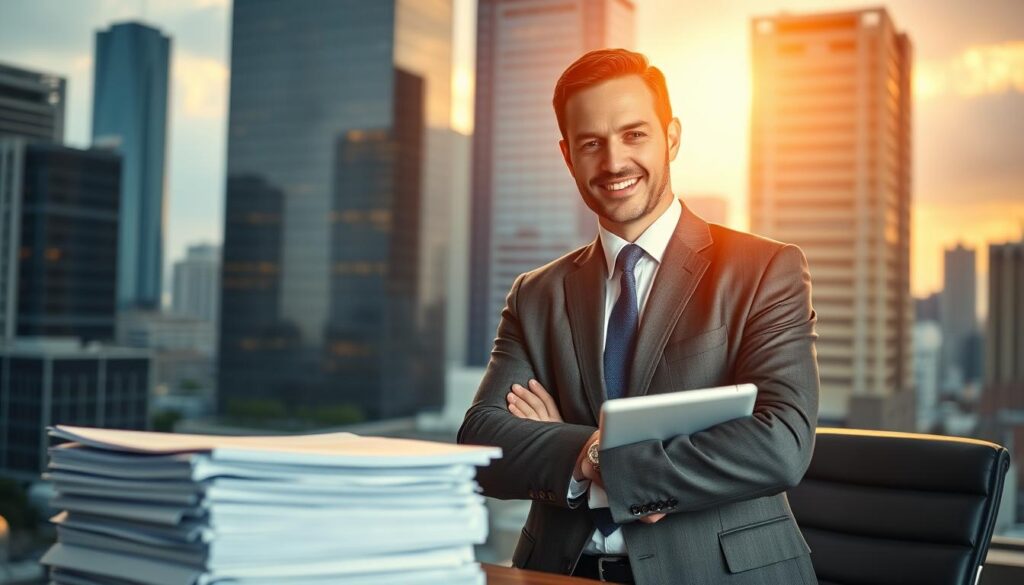 A well-dressed professional fundraiser stands confidently against a backdrop of corporate office buildings, illuminated by warm, golden lighting that casts a subtle glow. The fundraiser's expression conveys expertise and success, with a slight smile hinting at the rewards of their specialized field. The foreground features a stack of documents and a tablet, symbolizing the analytical and strategic nature of their work. The middle ground includes a desk and chair, suggesting the fundraiser's comfortable work environment. The background showcases the urban landscape, representing the broad scope and influence of the fundraiser's efforts in securing funding for their organization.