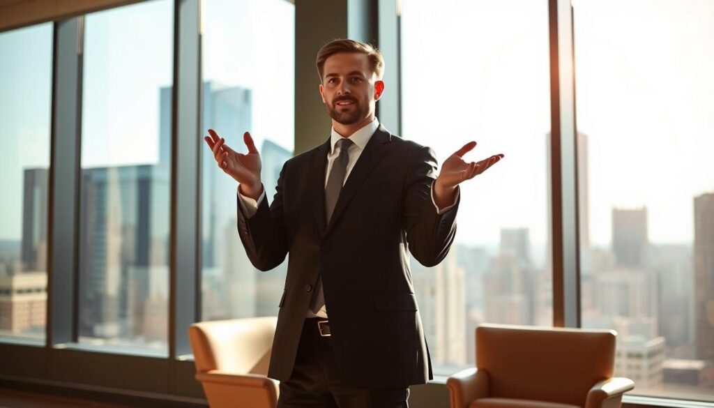 A well-dressed professional in a smart, modern office setting, standing in front of a large window with a city skyline in the background. The lighting is bright and natural, casting a warm glow on the scene. The figure is gesturing expressively, embodying the dynamism and energy of a sales role. The composition is balanced, with the subject positioned to one side, allowing for a sense of depth and context. The overall mood is one of purpose, confidence, and the potential for success in a new career path.