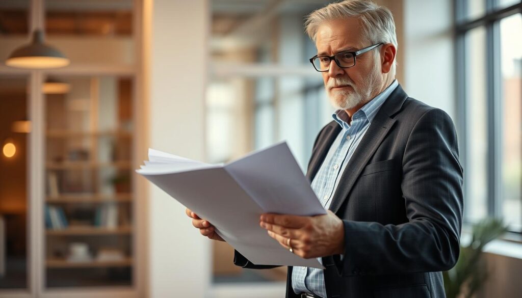 A well-dressed professional in their 50s standing confidently in a modern office, reviewing job search materials and documents. The lighting is warm and focused, drawing attention to the person's determined expression. The background is blurred, emphasizing the subject. The composition suggests a sense of purpose and optimism, conveying the successful approach to a mid-career transition. The image captures the essence of a seasoned worker taking charge of their 50s job search with a strategic mindset.