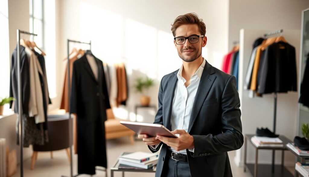 A well-dressed, professional-looking stylist standing in a modern, minimalist office setting. The stylist is holding a tablet or clipboard, surrounded by fashion magazines, clothing racks, and other styling accessories. The lighting is soft and natural, creating a warm, inviting atmosphere. The background features clean, contemporary design elements, such as sleek furniture and neutral-toned walls, to emphasize the stylist's expertise and the high-end nature of their work. The overall composition conveys a sense of refinement, success, and the financial rewards associated with a career as a skilled fashion stylist.