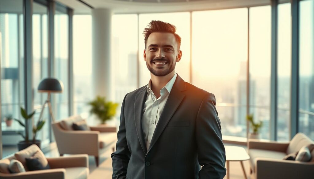 A well-dressed professional standing confidently in a bright, airy office setting, surrounded by tasteful modern furnishings and floor-to-ceiling windows overlooking a vibrant cityscape. Warm, directional lighting illuminates their face, conveying a sense of achievement and success. The individual's body language and expression suggest a positive, uplifting mood, reflecting the culmination of a successful career transition. The overall scene evokes a feeling of accomplishment, highlighting the individual's journey and the benefits of a rewarding new role.