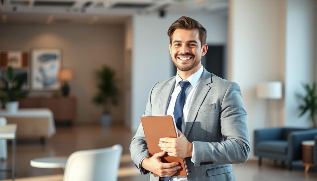 A well-dressed professional standing confidently in a modern office, holding a portfolio and smiling warmly, conveying a sense of satisfaction and accomplishment after a successful final job interview. The lighting is soft and natural, creating a relaxed and positive atmosphere. The background is blurred, with hints of tasteful decor and furnishings, placing the focus on the individual's expression and body language, which radiates confidence and optimism about the next steps in their career.