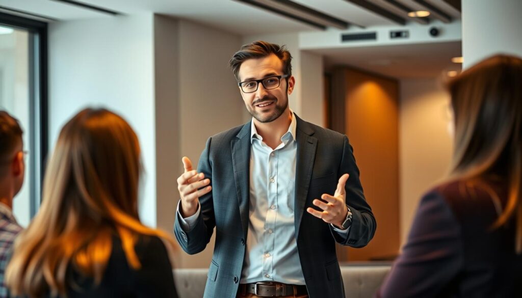 A well-dressed professional stands confidently in a modern office setting, making a persuasive presentation to a panel of interviewers. Warm, directional lighting highlights their engaging facial expressions and animated hand gestures, conveying enthusiasm and competence. The background features sleek, minimalist decor with clean lines and subtle textures, creating a polished, sophisticated atmosphere. The overall mood is one of poise, authority, and a strong desire to impress and secure the job.