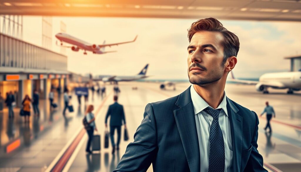 A well-dressed professional with a confident stride, navigating the dynamic landscape of the aviation industry. In the foreground, they exude poise and decisiveness, their gaze fixed on the horizon. The middle ground showcases a bustling airport terminal, with travelers and ground crew bustling about, reflecting the fast-paced, high-stakes nature of the field. The background features sleek, modern aircraft taking flight, symbolizing the technological innovation and global reach of the aviation sector. Warm, directional lighting illuminates the scene, lending a sense of purpose and determination. Captured with a wide-angle lens to convey a sense of scale and grandeur, this image embodies the ideal aviation professional - skilled, adaptable, and driven to succeed in this dynamic, ever-evolving industry.