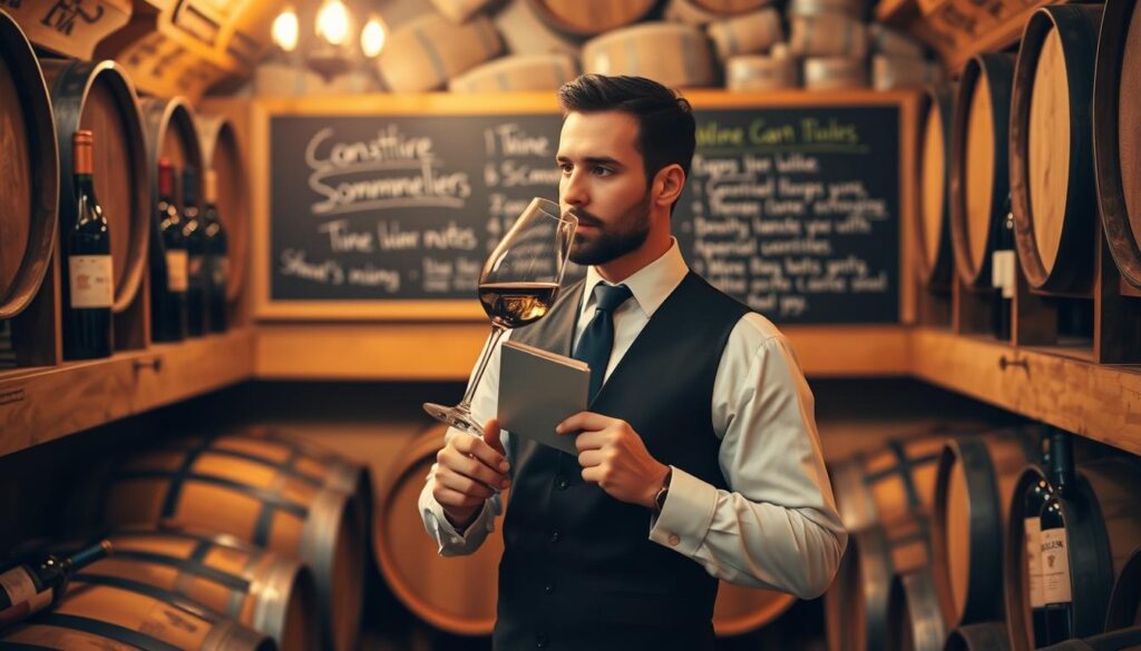 A well-dressed sommelier standing in a cozy wine cellar, surrounded by oak barrels and bottles of fine wine. Warm, golden lighting casts a sophisticated ambiance, highlighting the sommelier's deep knowledge and passion for their craft. In the background, a chalkboard displays the sommelier's personal wine recommendations and tasting notes, showcasing their expertise. The sommelier holds a wine glass, swirling and sampling a vintage, their expression contemplative as they evaluate the flavors. This scene conveys the sommelier's dedication to their profession and the opportunity for additional income through private tastings, consulting, or even running a small wine bar or shop.