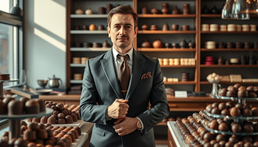 A well-dressed, sophisticated chocolatier stands in an elegant patisserie, surrounded by meticulously crafted chocolate creations. Soft natural lighting illuminates the scene, highlighting the rich, glossy sheen of the chocolates and the confident posture of the chocolatier. In the background, shelves display an array of finely-tuned flavors and artisanal techniques, reflecting the depth of knowledge and expertise required to command a high income in this field. The overall atmosphere conveys a sense of refined indulgence and a passion for the art of chocolate-making.
