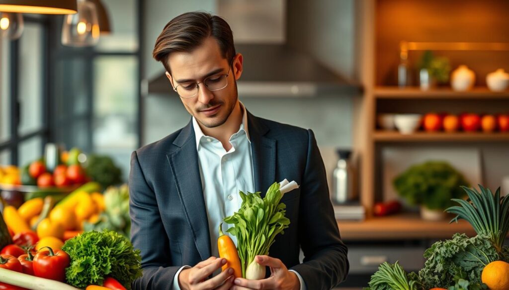 A well-dressed, sophisticated-looking vegetable sommelier stands in a stylish, modern kitchen, surrounded by an array of fresh, colorful produce. The sommelier is examining a selection of high-quality vegetables with a discerning eye, showcasing their expertise and passion for the subject. The lighting is warm and inviting, creating a sense of professionalism and authority. The background is slightly blurred, keeping the focus on the sommelier and the vegetables. The overall atmosphere conveys the prestige and earning potential of a trained vegetable expert.