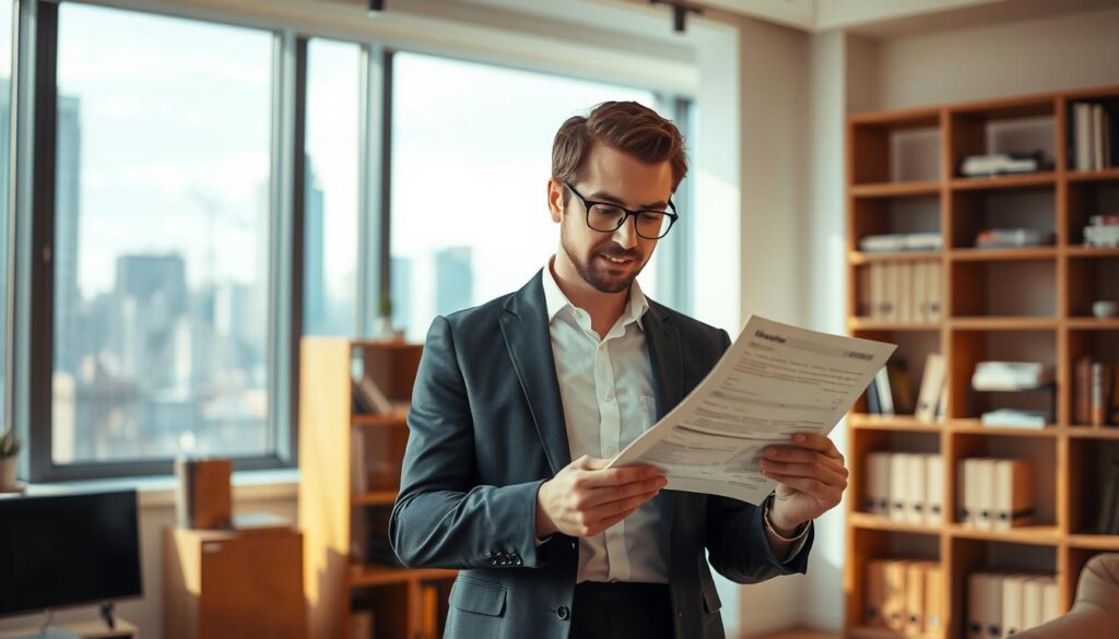 A well-dressed stylist stands in a modern, well-lit office, examining a pay stub and documents intently. The lighting is warm and inviting, casting a soft glow on the scene. In the background, a bookshelf and a large window overlooking a bustling city skyline create a sense of professionalism and success. The stylist's expression conveys a mix of excitement and contemplation, reflecting the anticipation of a potential bonus or raise. The composition emphasizes the stylist's focus, capturing the moment of reviewing their compensation details.