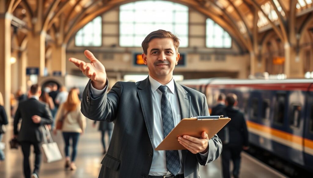 A well-dressed tour conductor standing in a bustling train station, holding a clipboard and gesturing with authority. The station is flooded with natural light from large windows, creating a warm, professional atmosphere. The conductor's attire is tailored and smart, conveying a sense of responsibility and expertise. In the background, passengers hurry to board trains, creating a sense of movement and activity. The overall composition suggests the dynamic, public-facing nature of the tour conductor's role and the financial rewards that come with it.