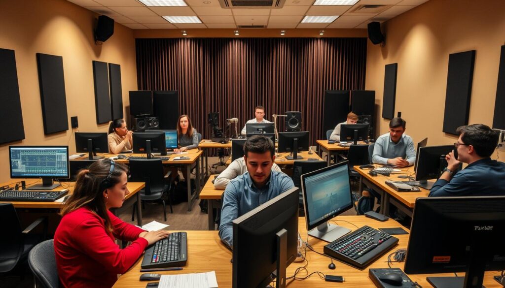 A well-equipped classroom in a vocational school, with students diligently studying music production and sound engineering. Warm lighting illuminates the scene, casting a cozy atmosphere. Desks arranged in neat rows, each outfitted with high-end audio equipment, computers, and mixing consoles. Students intently focused, their expressions reflecting deep concentration as they hone their craft. In the background, a large soundproofed recording booth stands ready for practical lessons. The room exudes a sense of academic rigor and professional aspiration, setting the stage for the pursuit of a career as a mastering engineer.