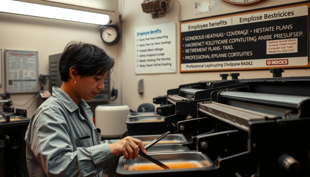 A well-equipped darkroom, with a technician meticulously developing film negatives under soft, amber lighting. The scene conveys a sense of focused professionalism and attention to detail, as the worker carefully monitors the chemical baths and tongs. In the background, a bulletin board displays employee benefits, highlighting generous healthcare coverage, retirement plans, and professional development opportunities. The technician's expression is one of quiet concentration, reflecting the importance of their role in preserving and enhancing photographic memories. The overall atmosphere is one of a well-supported, skilled workforce dedicated to their craft.