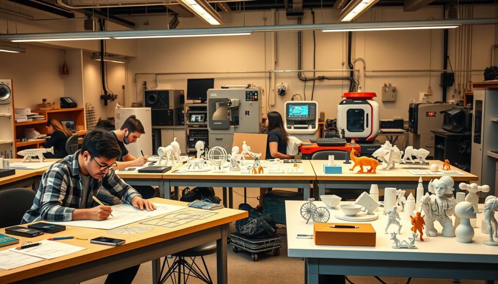 A well-equipped industrial design classroom with vibrant energy. In the foreground, a group of students intently sketching on drafting tables, their hands flowing with creative inspiration. The middle ground showcases a diverse array of prototypes and 3D-printed models, each a testament to the students' innovative thinking. The background features a sleek, high-tech workshop filled with specialized machinery and tools, hinting at the practical skills being honed. Soft, warm lighting casts a pensive glow, nurturing an atmosphere of focused exploration and discovery. This scene embodies the educational journey of aspiring industrial designers, where theoretical knowledge and hands-on experimentation converge to shape the future of product design.