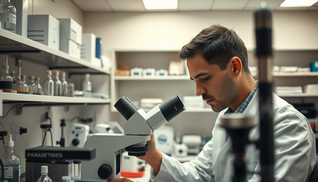 A well-equipped laboratory setting with modern scientific instruments and equipment. In the foreground, a skilled professional in a white lab coat, closely examining a sample through a high-powered microscope, their face displaying deep concentration. In the middle ground, shelves lined with neatly organized glassware, chemicals, and reference materials. The background showcases a clean, well-lit environment with neutral-toned walls, creating a sense of professionalism and attention to detail. Soft, directional lighting illuminates the scene, casting subtle shadows and highlighting the intricate work of the "臭気判定士". An atmosphere of precision, expertise, and dedication to the craft of odor assessment.