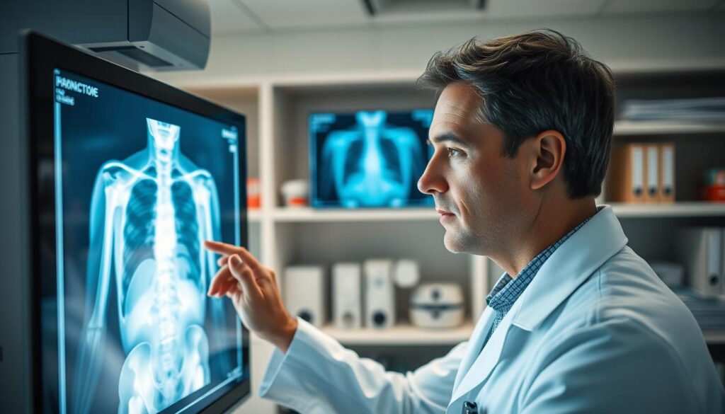 A well-equipped medical imaging lab with a radiologist carefully examining a digital X-ray scan on a high-resolution display. The lab is bathed in a cool, calming light that enhances the details of the scan. The radiologist, wearing a white lab coat, is deeply focused, their brow furrowed in concentration as they meticulously analyze the image for any signs of abnormalities. The background is neatly organized with shelves of medical equipment and reference materials, creating an atmosphere of professionalism and expertise. The composition emphasizes the importance and technicality of the radiologist's work in medical diagnosis.