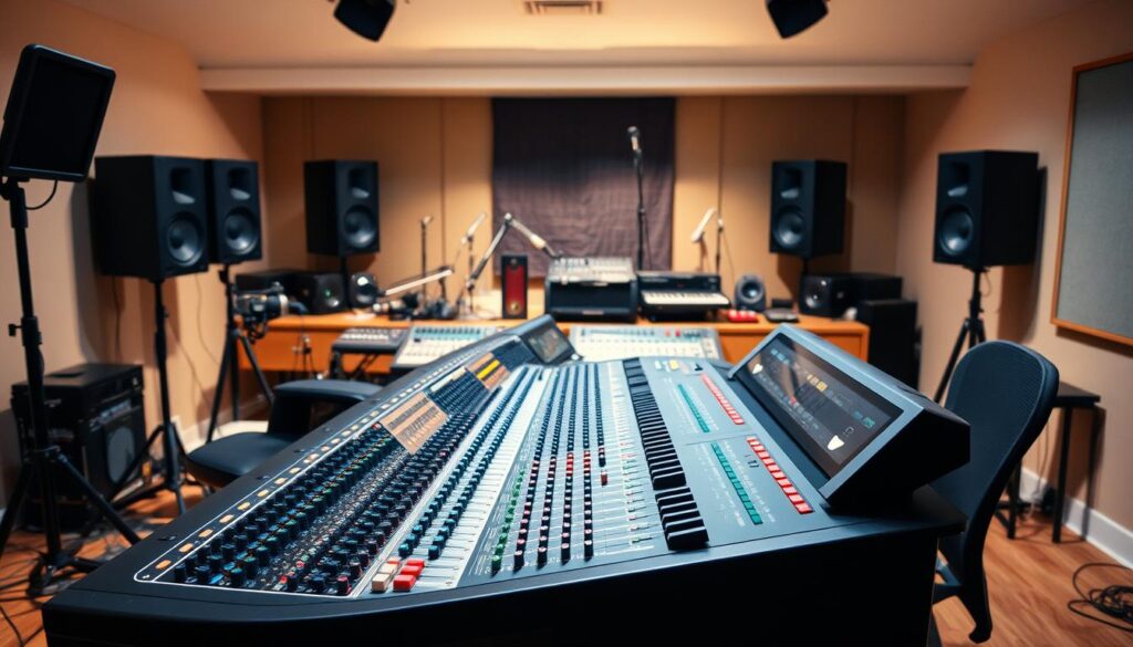 A well-equipped mixing studio with a professional-grade mixer console at the center. The console features multiple faders, knobs, and buttons, reflecting the complex skills required to operate it. The lighting is soft and warm, creating a focused, creative atmosphere. In the background, various audio equipment such as microphones, speakers, and cables are neatly arranged, suggesting the need for technical knowledge and attention to detail. The overall scene conveys the blend of technical proficiency, artistic sensibility, and attention to the finer nuances that define the skillset of an accomplished mixer.