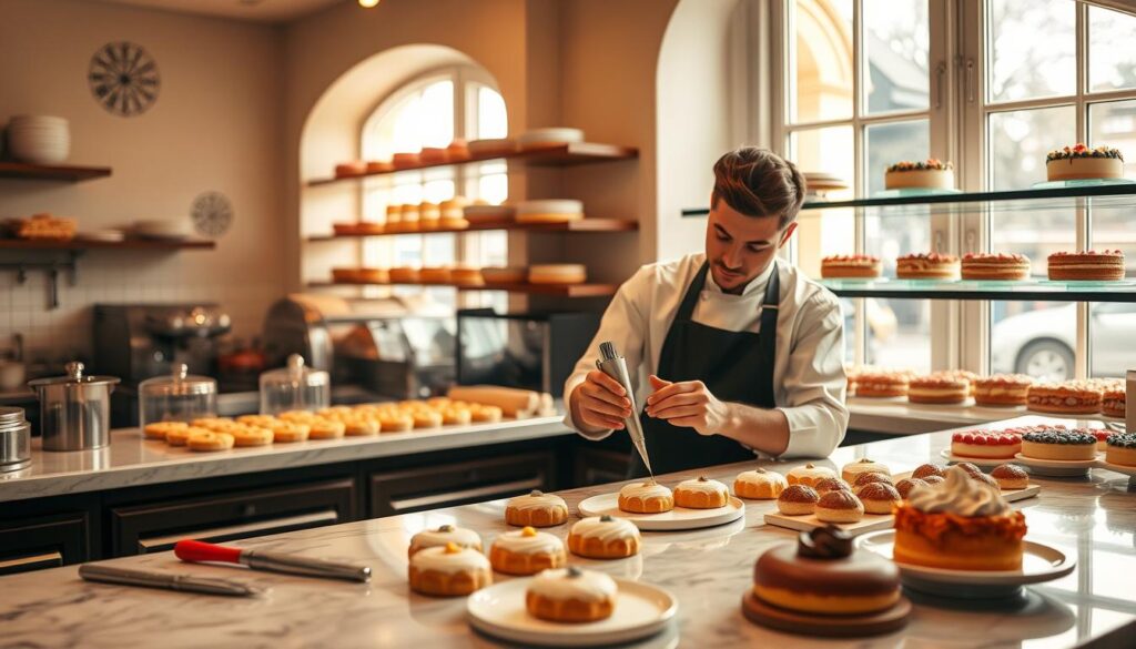 A well-equipped patisserie kitchen, illuminated by warm natural light filtering through large windows. In the foreground, a skilled patissier deftly piping intricate designs onto a delicate pastry, their movements precise and graceful. Surrounded by an array of freshly baked treats, a variety of tools and ingredients neatly arranged on the marble countertop. In the background, shelves display glossy, vibrant cakes and tarts, each a testament to the patissier's mastery of flavor and presentation. The overall atmosphere conveys a sense of artistry, expertise, and the dedication required to excel in this refined culinary field.