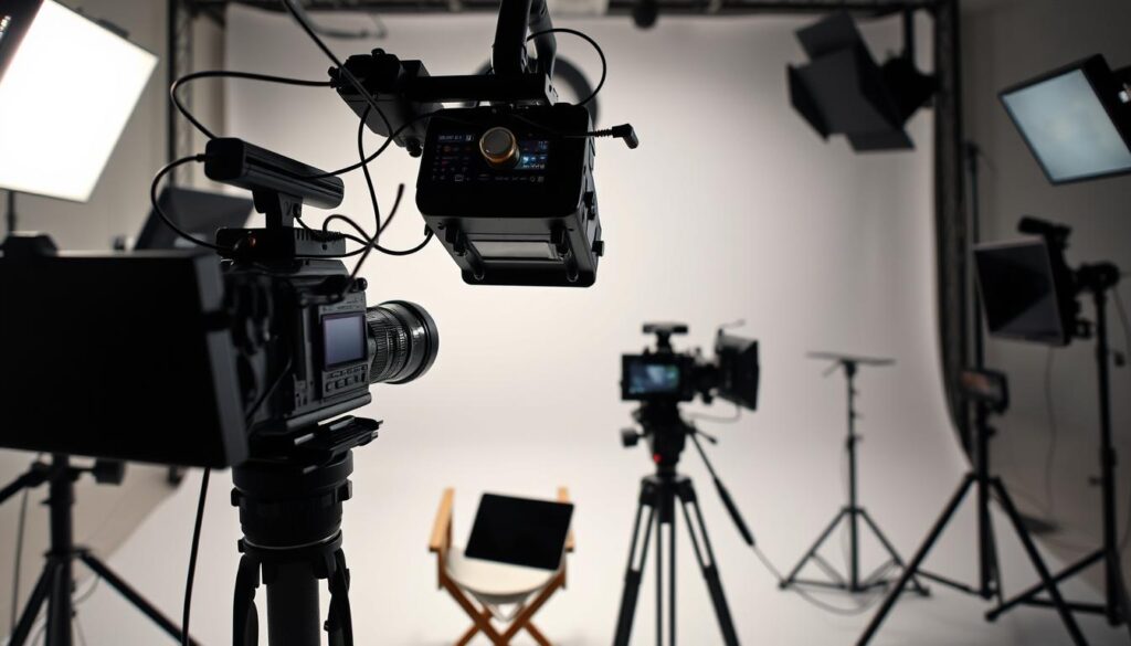 A well-equipped video production studio with a professional-grade camera, lighting setup, and sound equipment. The camera is positioned to capture a dynamic overhead angle, highlighting the various tools and devices used in the video creation process. The lighting casts dramatic shadows, creating a sense of depth and texture. In the foreground, a director's chair and a digital tablet or laptop are visible, suggesting the planning and creativity involved in the video production workflow. The background features a clean, minimalist backdrop, allowing the focus to remain on the production elements. The overall scene conveys the technical expertise and attention to detail required for high-quality video content creation.