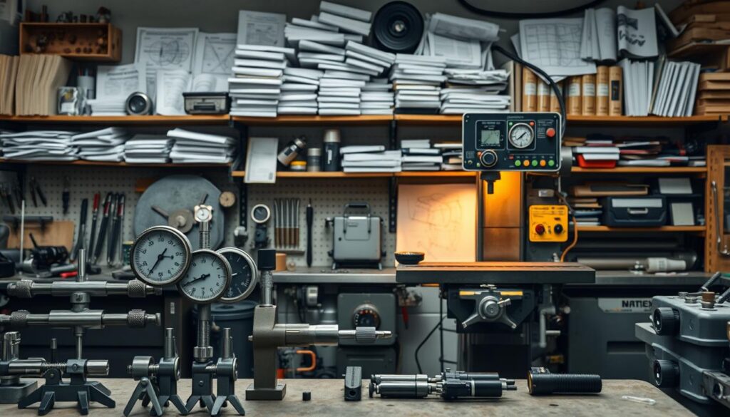 A well-equipped workshop with various metalworking tools and equipment arranged in an organized manner. In the foreground, a set of precision measurement devices such as calipers, micrometers, and dial indicators. In the middle ground, a sturdy freestanding milling machine with a complex control panel, casting an even, warm glow across the scene. In the background, shelves filled with technical manuals, engineering diagrams, and specialized toolkits, conveying the intellectual and technical expertise required of a skilled machinist. The overall atmosphere is one of focus, discipline, and a deep understanding of the craft, capturing the essential skills needed to be an accomplished fräser.