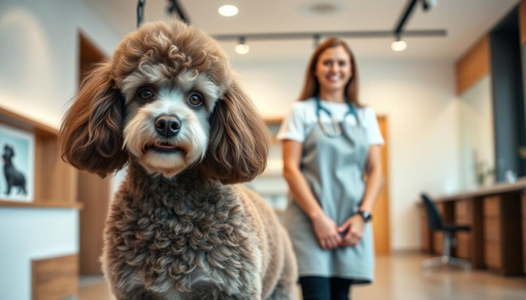 A well-groomed poodle with a stylish haircut, standing confidently in a modern, well-lit pet salon. The poodle's owner, a proud and satisfied customer, smiles warmly in the background. The salon's interior features sleek, minimalist design with natural wood accents, creating a calming and professional atmosphere. Soft, diffused lighting illuminates the scene, highlighting the poodle's glossy fur and the owner's satisfied expression. The image conveys a sense of accomplishment, professionalism, and the successful relationship between a skilled trimmer and a happy client.