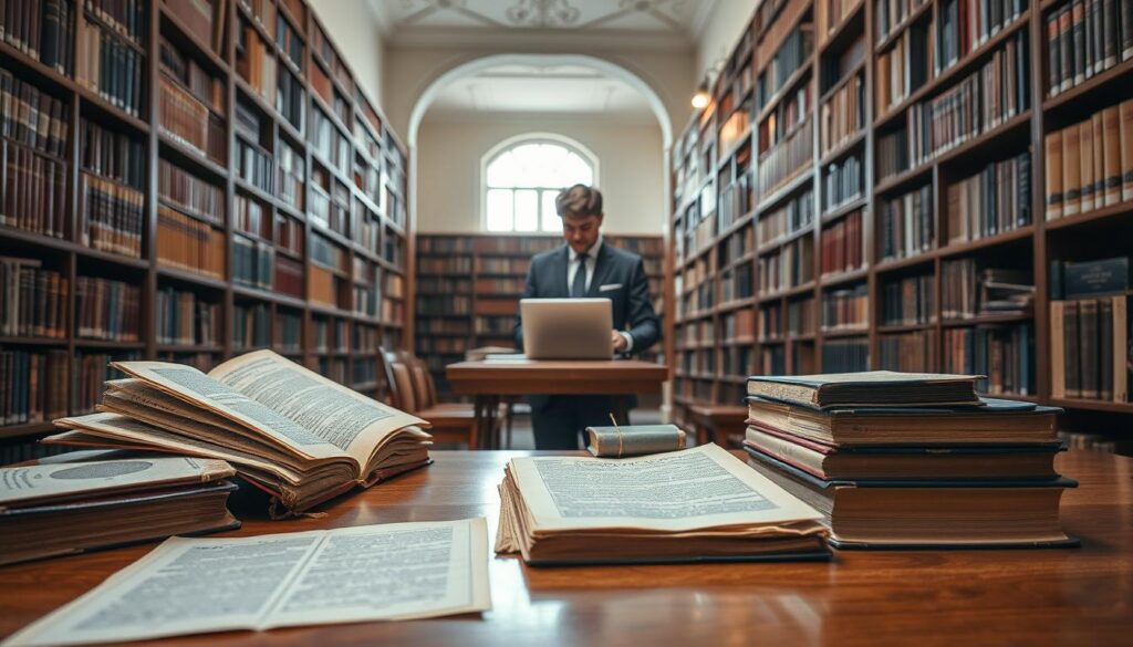 A well-lit academic scene showcasing the knowledge and skills required of an archivist. In the foreground, a set of ancient tomes and historical documents arranged neatly on a polished wooden desk, conveying the depth of research and attention to detail. In the middle ground, a figure in a crisp, professional attire stands poring over a laptop, representing the modern technology and digital preservation techniques essential to the archivist's role. In the background, towering bookshelves line the walls, filled with countless volumes, hinting at the breadth of knowledge and continuous learning integral to the profession. The overall atmosphere is one of intellectual rigor, scholarly dedication, and a reverence for the preservation of history.