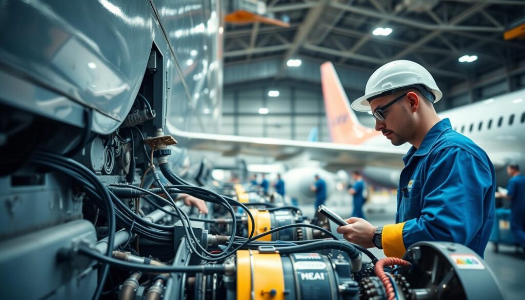 A well-lit aircraft hangar, with a skilled aviation maintenance technician working diligently on the intricate components of a commercial airliner. The technician, wearing a blue jumpsuit and safety gear, is closely inspecting wiring, engines, and other critical systems, ensuring the aircraft's airworthiness. In the background, fellow technicians can be seen performing various tasks, collaborating to maintain the fleet. The scene conveys a sense of precision, focus, and the importance of the technician's role in the aviation industry. Soft, directional lighting illuminates the scene, casting shadows that highlight the technician's attention to detail and the complex machinery they oversee.