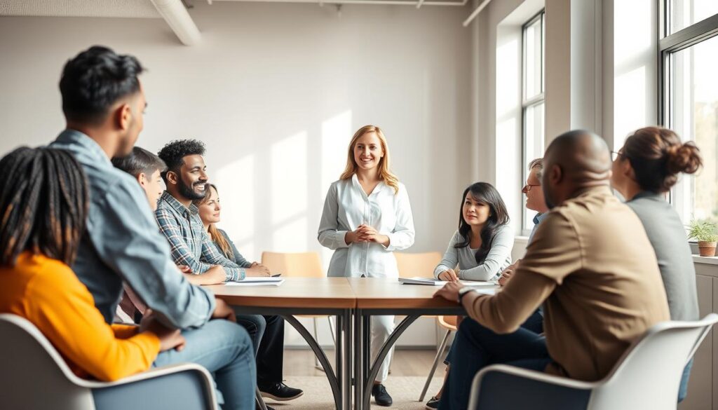 A well-lit and airy office setting, with a group of diverse individuals seated around a circular table. At the head of the table, a facilitator stands, their expression calm and attentive, guiding the discussion with a gentle yet purposeful demeanor. The facilitator's goal is to create an environment of open communication, where ideas flow freely, and each participant's voice is heard and valued. Soft natural light filters in through large windows, lending a sense of warmth and collaboration to the scene. The overall atmosphere conveys the facilitator's mission: to facilitate productive dialogue, foster mutual understanding, and help the group reach its desired objectives.