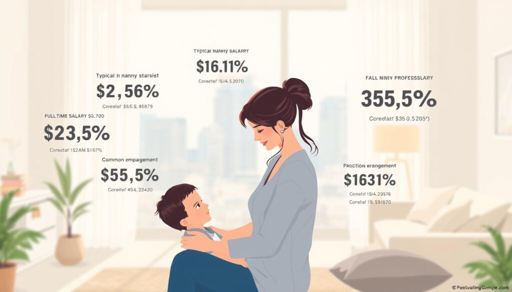 A well-lit and detailed illustration showcasing the employment and income statistics of professional nannies. In the foreground, a nanny diligently caring for a young child, surrounded by floating data visualizations depicting typical nanny salaries, hourly rates, and common employment arrangements such as full-time, part-time, and live-in positions. The middle ground features a clean, minimalist interior setting with soft, natural lighting, conveying a sense of domestic tranquility. In the background, a subtle, blurred cityscape suggests the broader socioeconomic context. The overall mood is informative and professional, designed to educate the reader on the nanny profession.
