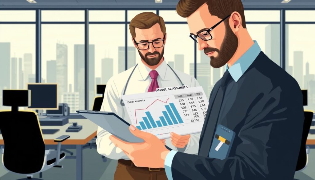 A well-lit and meticulously detailed illustration showcasing the annual income of a professional odor assessor. In the foreground, a smartly dressed individual holds a clipboard, carefully examining a chart displaying numerical data. The middle ground features a modern office setting with ergonomic furniture and sleek technological devices. The background depicts a cityscape, suggesting the urban environment in which these specialists operate. The overall mood conveys a sense of professionalism, precision, and the importance of the odor assessor's role in maintaining environmental standards and public health.