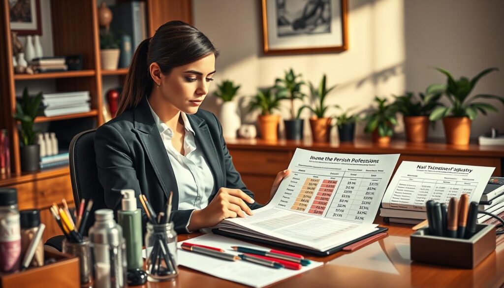 A well-lit and meticulously detailed office scene, with a neatly organized desk showcasing a variety of nail care tools and products. In the foreground, a smartly dressed female nail technician sits, contemplating financial documents and charts displaying income statistics and salary ranges for professionals in the nail care industry. The background features tasteful office decor, including potted plants and framed artwork, creating a professional and sophisticated ambiance. Warm, directional lighting casts subtle shadows, accentuating the textures and materials. The overall composition conveys a sense of thoughtful analysis and industry expertise.
