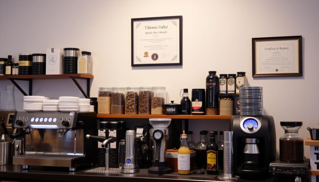 A well-lit barista workstation with various coffee-making equipment, including an espresso machine, milk frother, and assorted coffee beans and syrups. A certificate or diploma prominently displayed on the wall, signifying the barista's professional qualifications. The scene conveys a sense of expertise, dedication, and a commitment to providing high-quality coffee experiences.