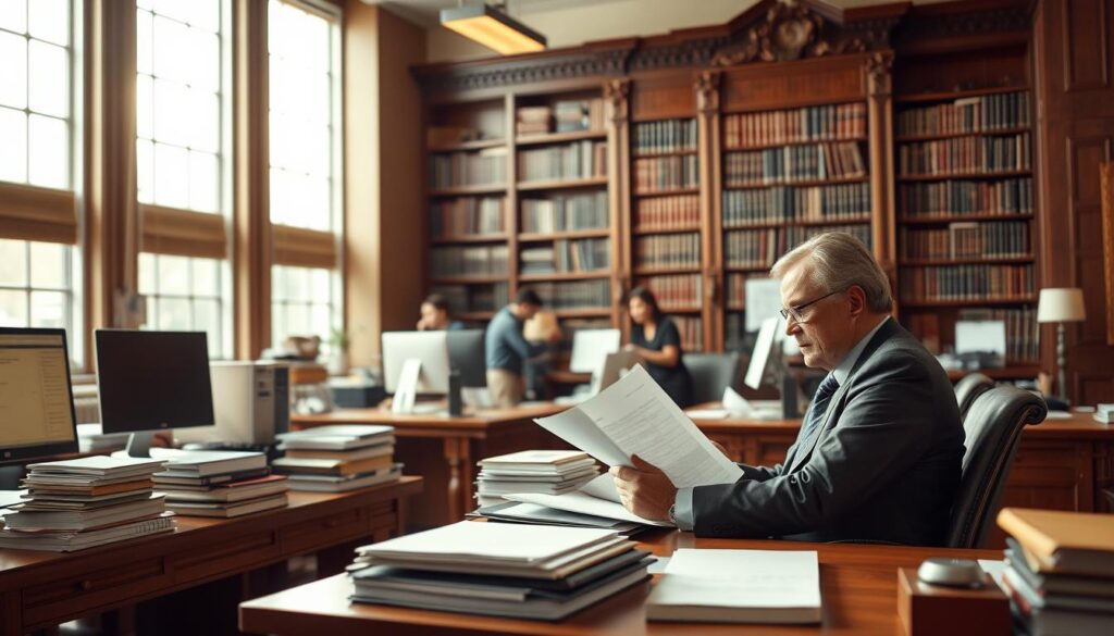A well-lit bureaucrat's office, bathed in warm, diffused lighting from large windows. Meticulously organized desks with neatly stacked files, computer monitors, and a sense of calm efficiency. In the foreground, a bureaucrat sits at their desk, studying documents intently, their expression contemplative yet resolute. The middle ground reveals coworkers collaborating, exchanging ideas, their body language conveying a shared sense of purpose. In the background, a large, ornate bookshelf stands as a symbol of the bureaucrat's deep knowledge and mastery of complex systems. The overall atmosphere exudes a quiet pride and satisfaction in the meaningful work of public service.