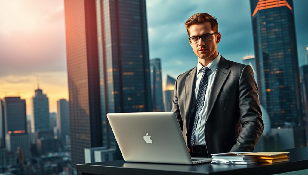 A well-lit, cinematic scene depicting a determined professional striving to achieve a six-figure income. In the foreground, a confident businessperson in a sleek, tailored suit stands against a backdrop of towering skyscrapers, symbolizing their aspirations. The middle ground features a meticulously rendered laptop, paperwork, and other tools of the trade, conveying the hard work and dedication required. In the background, a bustling cityscape with a vibrant, energetic atmosphere sets the stage for the individual's ambitions. Dramatic, directional lighting and a slightly low camera angle emphasize the subject's determination and sense of purpose. An overall mood of focus, drive, and the promise of financial success permeates the scene.