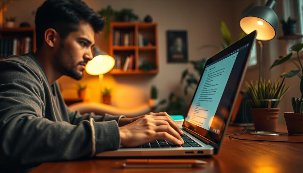 A well-lit, cinematic scene depicting a person sitting at a desk, intently typing on a laptop computer. The foreground shows the writer's hands on the keyboard, fingers dancing across the keys. The middle ground reveals the writer's focused expression, brow furrowed in concentration. The background features a cozy, inspirational home office setting, with bookshelves, potted plants, and warm lighting, suggesting the solitary, contemplative nature of the writing process. The overall mood is one of determination, creativity, and the pursuit of a dream to become a professional game writer.