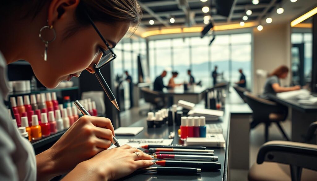 A well-lit, cinematic scene depicting a professional nail artist at the peak of their career. In the foreground, a skilled hand meticulously applies intricate nail designs using high-quality tools and products. The middle ground showcases an array of colorful nail polish bottles, nail art supplies, and a sleek, modern manicure station. In the background, a panoramic view of a bustling salon or studio, with other nail technicians attending to their clients. The overall atmosphere conveys a sense of expertise, dedication, and the creative potential of the nail art industry.
