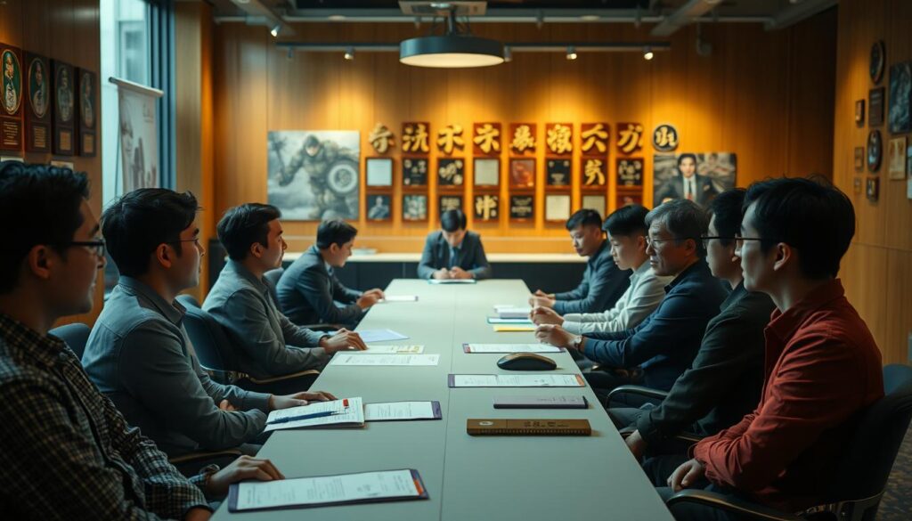 A well-lit, cinematic scene depicting the recruitment process at a Japanese video game company. In the foreground, a group of prospective game designers sit attentively during a panel interview, their faces illuminated by warm lighting. In the middle ground, HR representatives review resumes and portfolios at a long conference table. In the background, award plaques and concept art adorn the walls, suggesting the company's proud history and creative culture. The atmosphere is professional yet inviting, capturing the excitement and anticipation of aspiring game developers eager to join this esteemed studio.