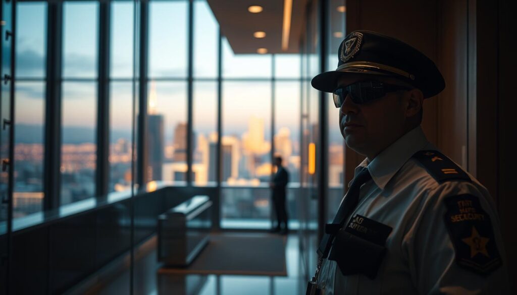 A well-lit, cinematic scene showcasing the benefits of a security guard's role. In the foreground, a vigilant guard stands at the entrance of a high-rise building, exuding a sense of authority and professionalism. The mid-ground features a secure lobby, with subtle yet effective security measures in place, creating an atmosphere of safety and order. In the background, the city skyline is visible, conveying the guard's important contribution to the overall security and well-being of the urban environment. The lighting is warm and inviting, highlighting the guard's attentiveness and the building's sense of security. The composition emphasizes the guard's key position in maintaining a safe and efficient work environment.