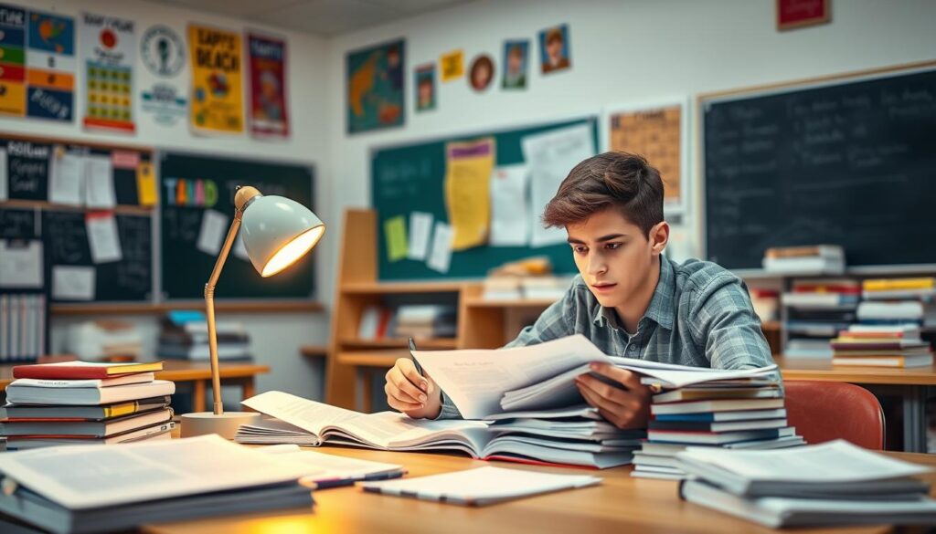 A well-lit classroom setting with a focused young adult studying intently at a desk, surrounded by stacks of books, notes, and test preparation materials. The warm glow of a desk lamp illuminates the determined expression on their face as they carefully review study guides and practice exams. In the background, an array of educational posters, blackboards, and shelves filled with teaching resources create an atmosphere of academic rigor and discipline. The scene conveys a sense of diligence, focus, and the dedicated effort required to prepare for a teacher's certification exam.