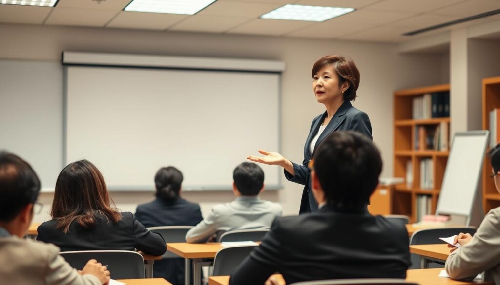 A well-lit classroom setting, with a middle-aged Japanese woman standing at the front, delivering a presentation on career consulting. She wears a formal business suit, gesturing animatedly as she speaks. In the foreground, a group of engaged students sit at desks, taking notes and listening intently. The background features a whiteboard, a projector screen, and a bookshelf, conveying an educational, professional atmosphere. The lighting is warm and natural, creating a sense of focus and attentiveness. The overall scene reflects the lifelong learning and continuous development required for a career as a certified career consultant in Japan.