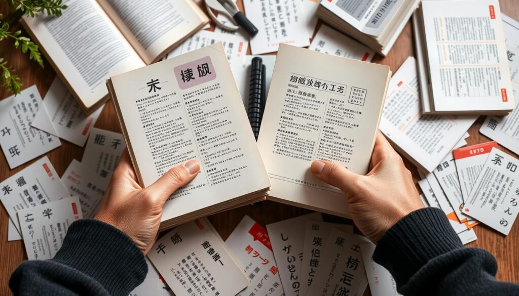 A well-lit close-up of a person's hands holding open books, Japanese language textbooks, and language learning materials. The books are surrounded by scattered language flashcards, dictionaries, and other study tools, all arranged in a natural, organic composition. The background is slightly blurred, providing focus on the hands and learning materials. The lighting is soft and diffused, creating a warm, contemplative atmosphere. The overall image conveys the idea of dedication, diligence, and the pursuit of language proficiency and aptitude.