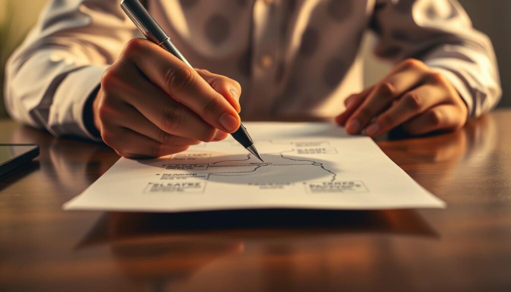 A well-lit, close-up scene of a person's hands thoughtfully sketching a roadmap or timeline on paper, depicting key milestones and goals for their career transition. The lighting is warm and focused, creating a sense of concentration and intentionality. The background is slightly blurred, keeping the focus on the hands and the planning process. The scene conveys a sense of purposeful reflection and strategic thinking, embodying the "転職後の目標設定のポイント" concept.