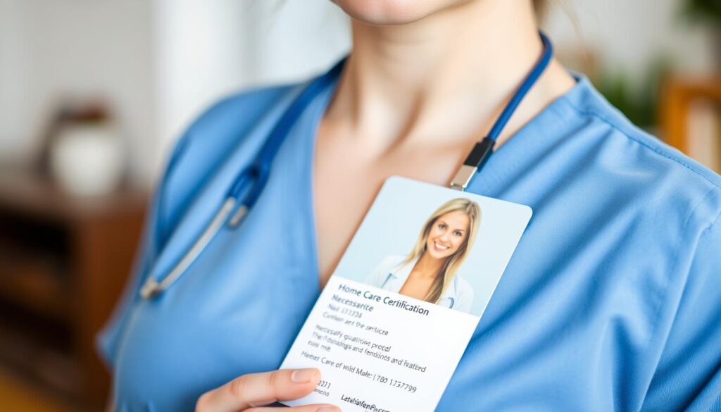 A well-lit, close-up shot of a home care worker's certification and identification badge, showcasing the necessary qualifications and training required for the role. The badge is prominently displayed, with clear, legible text and a professional headshot. The background is blurred, creating a sense of focus on the certification details. The lighting is soft and flattering, highlighting the importance and seriousness of the credential. The overall mood is one of professionalism, competence, and the dedication required to provide quality in-home care services.