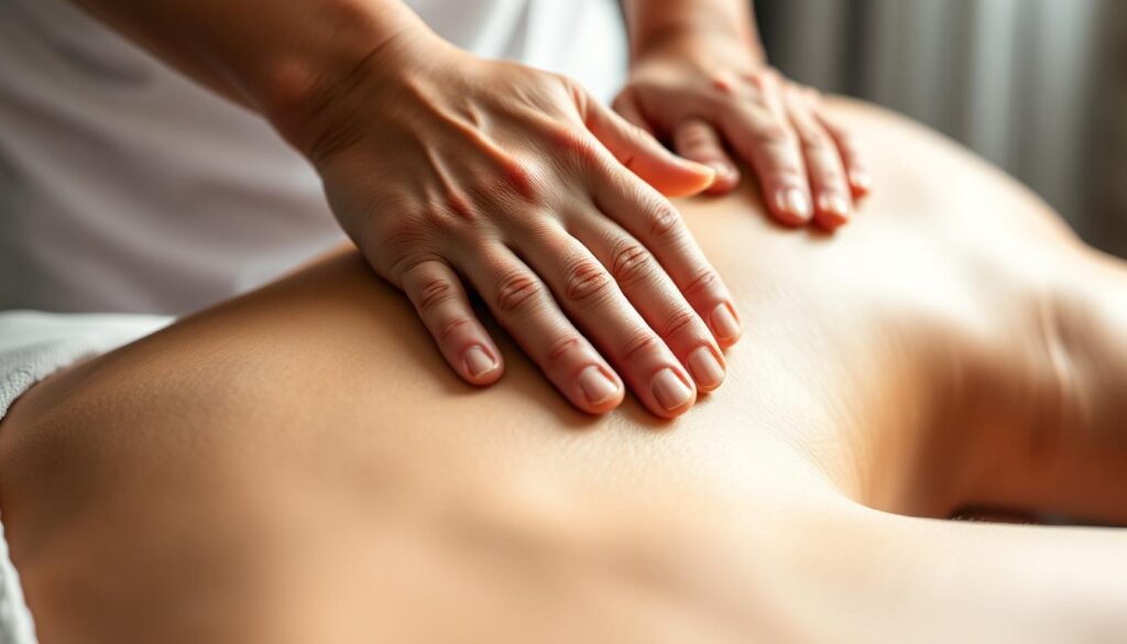 A well-lit, close-up shot of a massage therapist's hands working on a patient's back, showcasing the skilled, gentle, and intuitive touch required for effective osteopathic treatment. The masseuse's fingers expertly apply pressure and manipulate the muscles, tendons, and joints, demonstrating the anatomical knowledge and dexterity essential for a successful osteopath. The scene conveys a sense of calm, focus, and therapeutic professionalism, highlighting the specialized skills and training needed to become a competent and trusted osteopathic practitioner.
