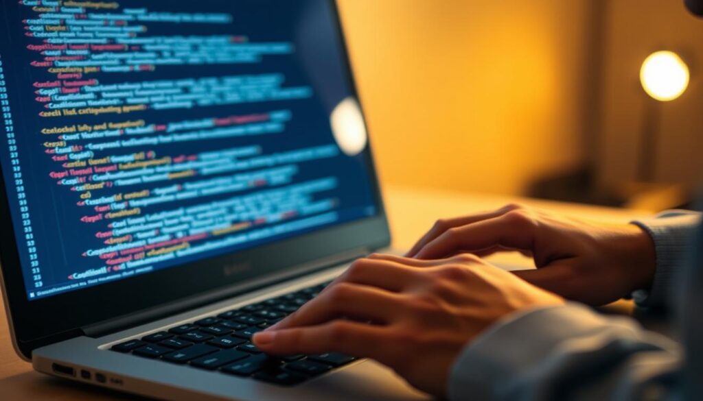 A well-lit, close-up shot of a person's hands typing intently on a laptop keyboard, with the laptop screen displaying lines of code and programming language. The person's face is not visible, but their focused expression is conveyed through the intensity of their hand movements. The background is slightly blurred, creating a sense of depth and emphasizing the central action. Soft, warm lighting illuminates the scene, giving it a professional, thoughtful atmosphere. The overall composition suggests the focused dedication and technical skill required to become an interpreter.