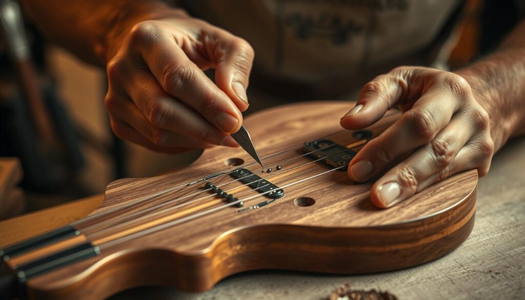 A well-lit, close-up view of a skilled craftsperson's hands carefully shaping and assembling the intricate components of a beautiful, handmade musical instrument. The focus is on the details of the woodworking, metalwork, and precision tools used in the process, conveying a sense of dedication, passion, and the satisfaction of creating something tangible and functional. The background is softly blurred, emphasizing the intense concentration and artistry of the work. The lighting is warm and inviting, evoking a sense of pride and fulfillment in the craft.