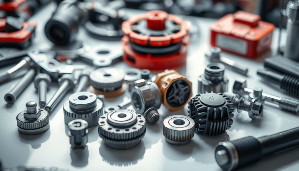 A well-lit, close-up view of an array of automotive tools and parts, arranged neatly on a clean, reflective tabletop. The focus is on the intricate details of the components, capturing their mechanical complexity and the specialized knowledge required to understand and maintain them. The lighting is soft and diffused, creating a sense of depth and highlighting the textures and contours of the objects. The composition is balanced, with the parts strategically placed to convey a sense of order and professionalism. The overall mood is one of precision, expertise, and the specialized skillset needed to thrive in the world of automotive dealerships.