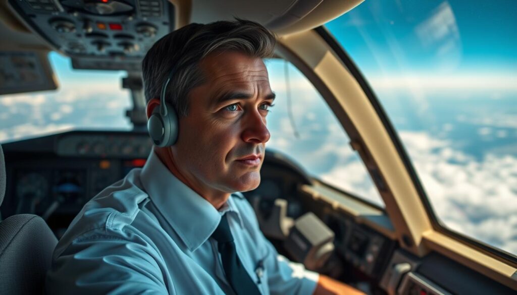 A well-lit cockpit interior, with a commercial airliner pilot sitting in the foreground, wearing a crisp uniform and thoughtful expression. In the middle ground, a detailed dashboard displaying a range of instruments and gauges. In the background, a panoramic view of clouds and blue sky through the windshield, conveying the sense of height and altitude. The scene emanates a professional, technical atmosphere, reflecting the precision and skill required of a commercial airline pilot's job and the substantial earnings associated with such a career.