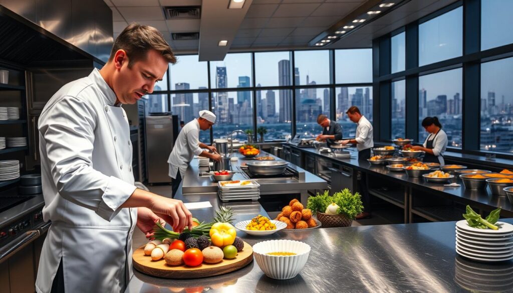 A well-lit commercial kitchen with stainless steel appliances and ample counter space. In the foreground, a food coordinator in a crisp white chef's uniform artfully arranges a colorful array of fresh produce and baked goods on a wooden serving platter. In the middle ground, a team of sous chefs and line cooks work in harmony, preparing an array of savory dishes. The background features a bank of large windows overlooking a bustling city skyline, hinting at the diverse range of establishments that may employ a skilled food coordinator - from high-end restaurants and catering companies to corporate cafeterias and hotel banquet halls.
