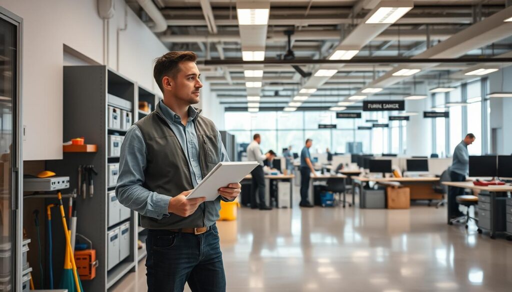 A well-lit commercial office interior, showcasing a facility manager overseeing various operations. In the foreground, the manager is inspecting building systems, clipboard in hand, while maintenance staff work diligently in the background. The middle ground features neatly organized storage spaces, cleaning supplies, and tools, conveying the manager's attention to detail and efficient management of the facility. The background depicts modern office furnishings, floor-to-ceiling windows providing ample natural lighting, and subtle signage indicating the various zones and departments within the building. The overall atmosphere is one of professionalism, organization, and the facility manager's crucial role in maintaining a well-functioning, productive workspace.