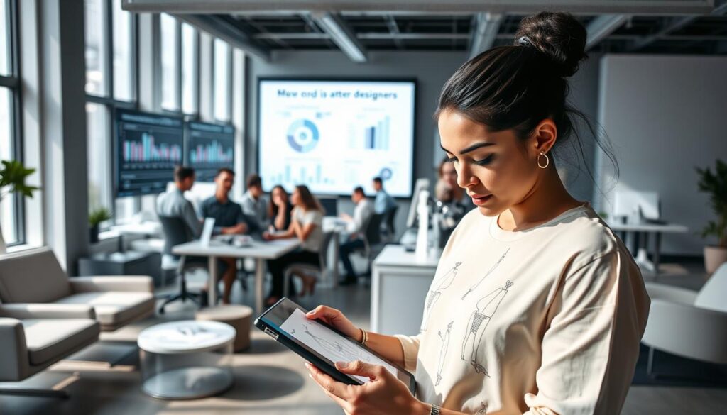A well-lit, contemporary office space with sleek, minimalist furniture and large windows providing ample natural light. In the foreground, a fashion designer meticulously sketching patterns on a tablet, their face focused and determined. Behind them, a team of pattern makers collaborating on CAD software, discussing the latest industry trends and techniques. In the background, a large projection screen displays market analysis and forecasts, highlighting the growing demand for skilled pattern designers. The overall atmosphere conveys a sense of innovation, dynamism, and the promising future of the pattern design profession.