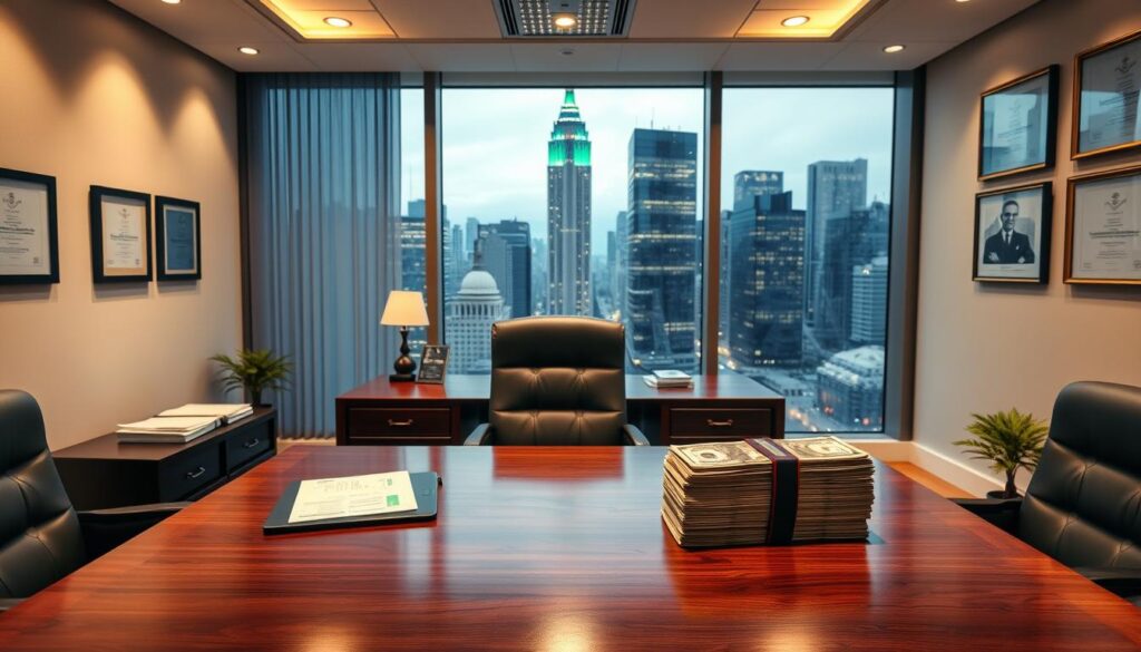 A well-lit corporate office interior, with a large mahogany desk at the center. On the desk, financial documents, a laptop, and a small but prominent stack of cash, symbolizing the company's profits. The walls are adorned with framed certificates and awards, conveying a sense of prestige and success. The lighting is a warm, professional glow, creating an atmosphere of authority and power. In the background, the office overlooks a bustling city skyline through floor-to-ceiling windows, emphasizing the company's position and influence. The overall scene conveys the importance of protecting a company's hard-earned profits and the measures taken to safeguard its financial interests.